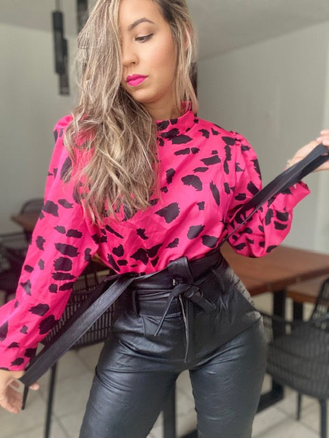 HOT PINK PRINT SATIN TOP