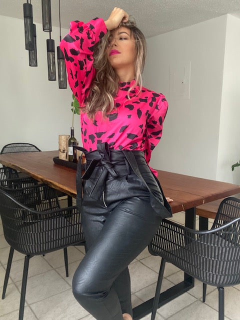 HOT PINK PRINT SATIN TOP