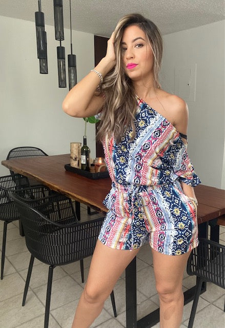 PRINTED OFF SHOULDER KNIT ROMPER WITH POCKET