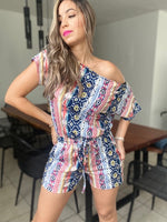 Load image into Gallery viewer, PRINTED OFF SHOULDER KNIT ROMPER WITH POCKET
