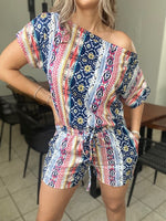 Load image into Gallery viewer, PRINTED OFF SHOULDER KNIT ROMPER WITH POCKET
